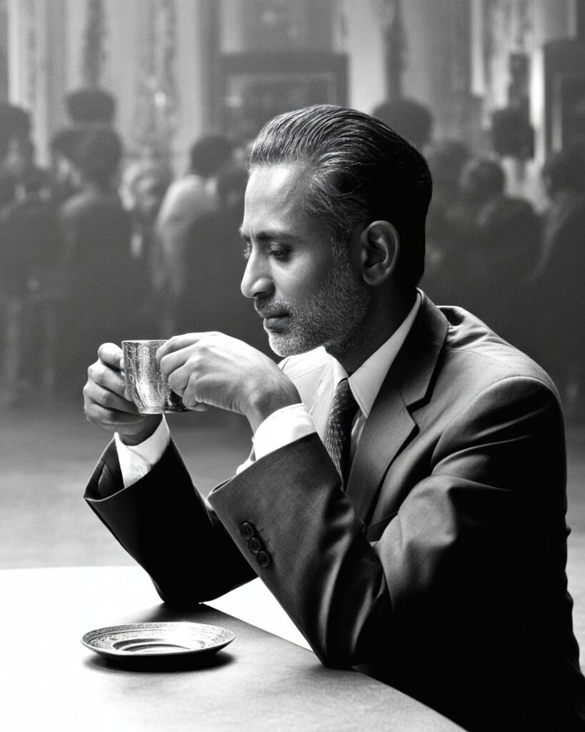 চায়ের কাপ হাতে অন্ধকারের দিকে তাকিয়ে থাকা এক মার্জিত ব্যক্তির সাদাকালো প্রতিকৃতি, যা মানুষের অস্তিত্বের একাকিত্ব এবং নিজের ভেতরের নীরবতাকে তুলে ধরে।