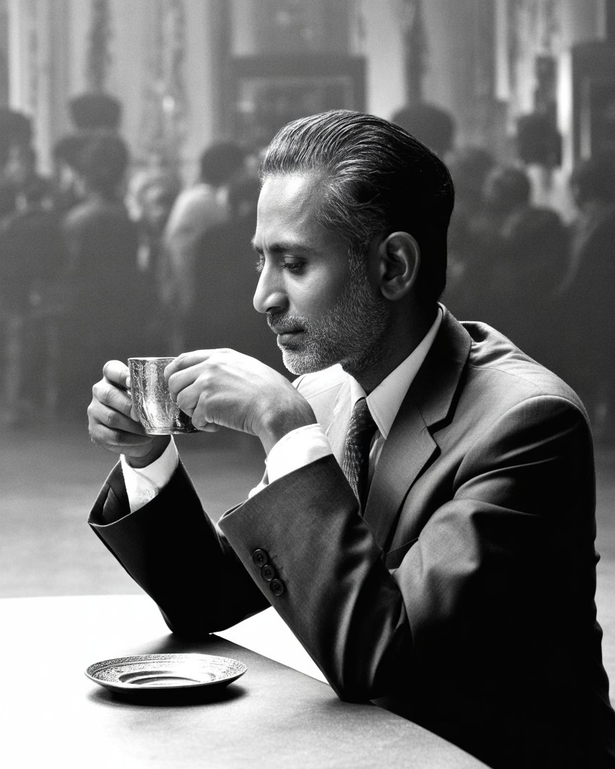 চায়ের কাপ হাতে অন্ধকারের দিকে তাকিয়ে থাকা এক মার্জিত ব্যক্তির সাদাকালো প্রতিকৃতি, যা মানুষের অস্তিত্বের একাকিত্ব এবং নিজের ভেতরের নীরবতাকে তুলে ধরে।