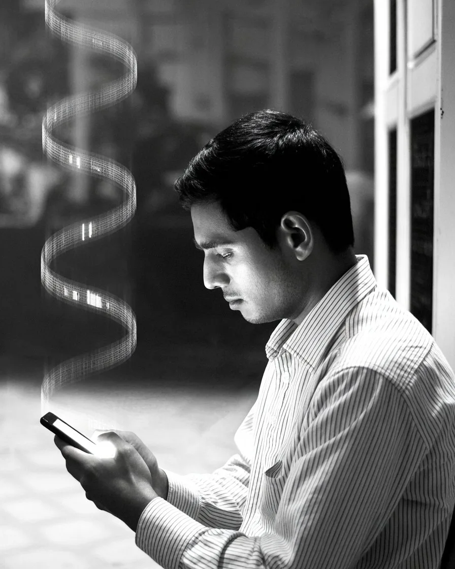 অন্ধকার ঘরে স্মার্টফোনের দিকে একদৃষ্টিতে তাকিয়ে থাকা এক ব্যক্তি, যা সোশ্যাল মিডিয়ায় অ্যালগরিদমের বৃত্ত, ডিজিটাল কারাগার এবং আমাদের পছন্দের বিভ্রমকে তুলে ধরে।