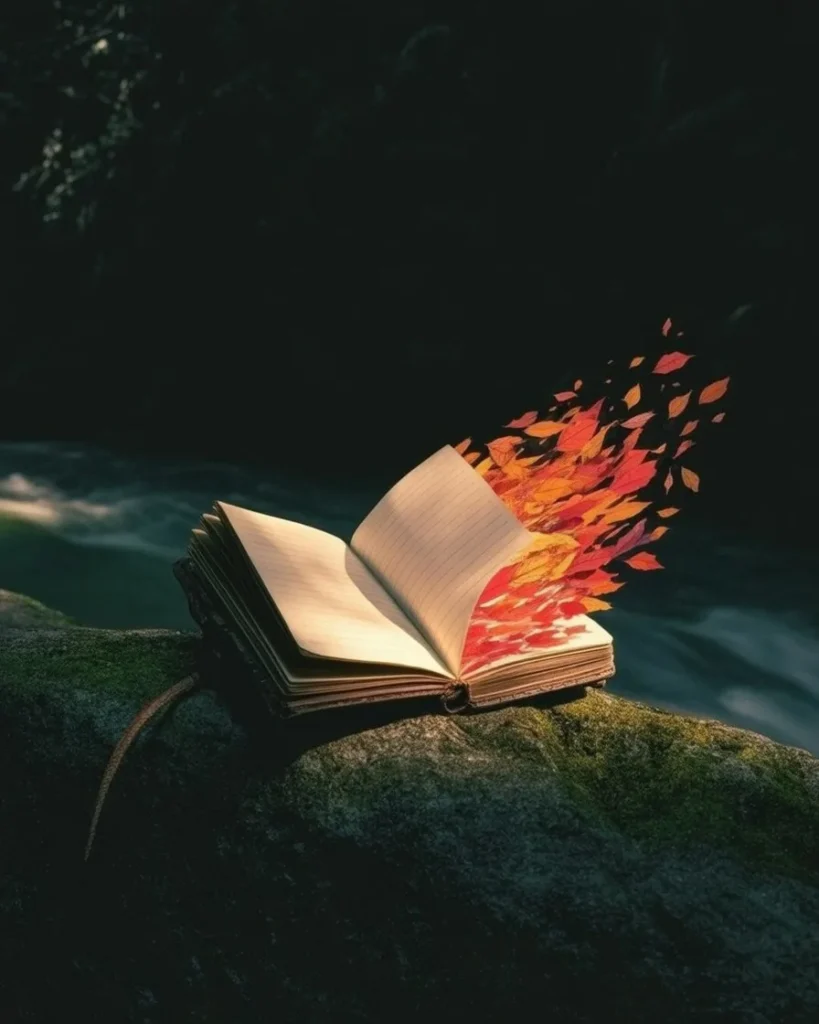 বনের ভেতর পাথরের ওপর রাখা একটি পুরনো ডায়েরির পাতা বাতাসে উড়ে রঙিন পাতায় পরিণত হওয়ার দৃশ্য, যা মানুষের আত্মপরিচয় এবং বদলে যাওয়া গল্পের মনস্তাত্ত্বিক রূপককে তুলে ধরে।