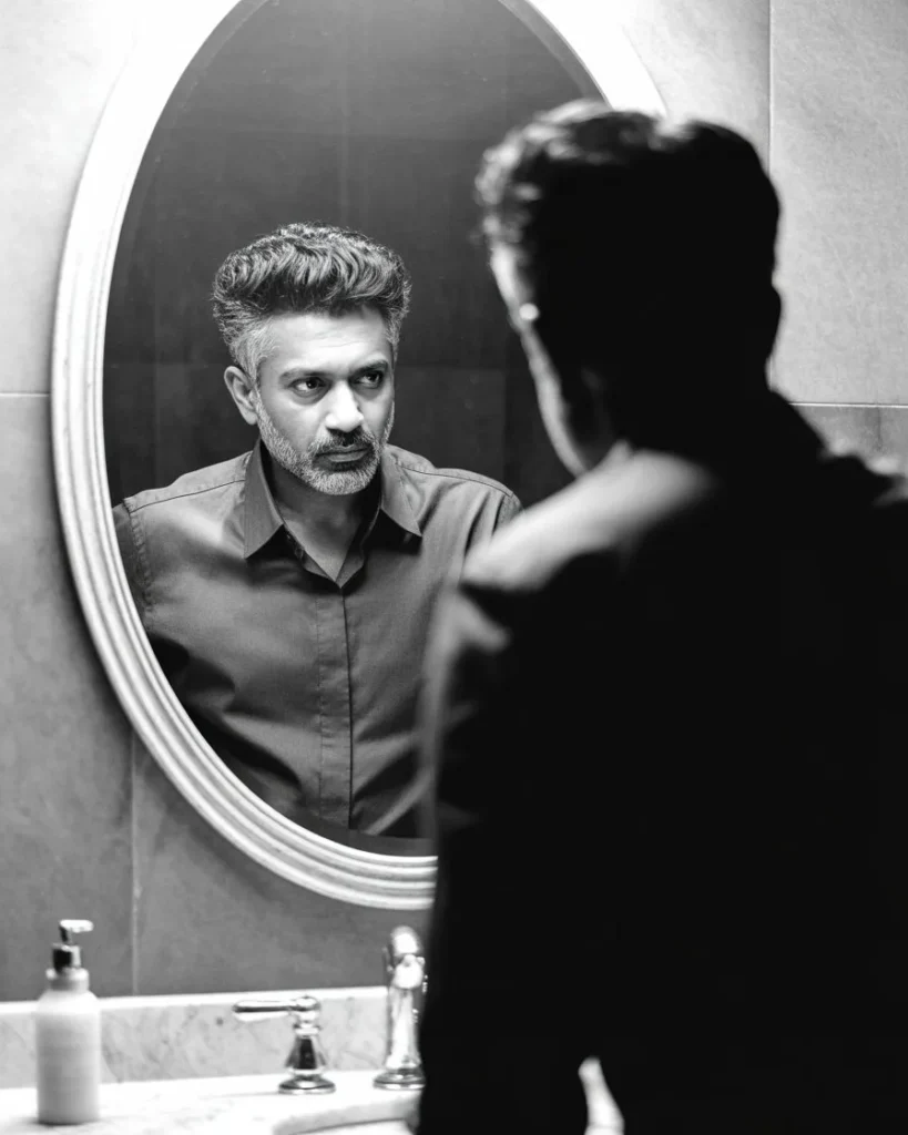 রাত তিনটায় আধুনিক বাথরুমের আয়নায় নিজের প্রতিবিম্বের দিকে গভীরভাবে তাকিয়ে থাকা এক মার্জিত ব্যক্তির সাদাকালো প্রতিকৃতি, যা আত্মপরিচয় ও অস্তিত্বের খোঁজকে তুলে ধরে।