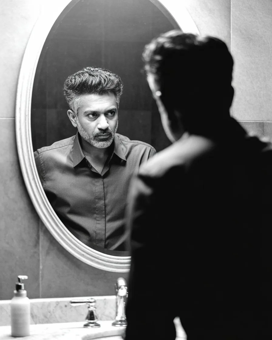 রাত তিনটায় আধুনিক বাথরুমের আয়নায় নিজের প্রতিবিম্বের দিকে গভীরভাবে তাকিয়ে থাকা এক মার্জিত ব্যক্তির সাদাকালো প্রতিকৃতি, যা আত্মপরিচয় ও অস্তিত্বের খোঁজকে তুলে ধরে।