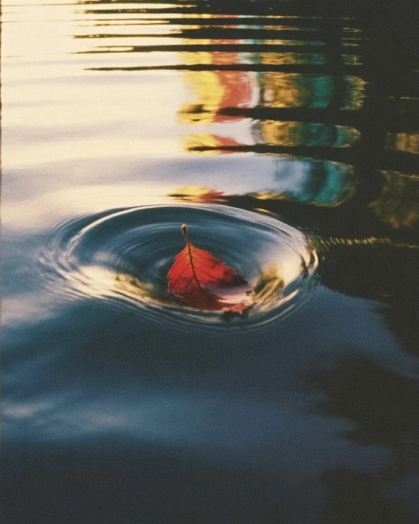 নদীর প্রবল স্রোতে ভেসে যাওয়া একটি উজ্জ্বল লাল পাতার ছবি, যা মানুষের নিয়ন্ত্রণহীন চিন্তা এবং মনের ভাসমান অবস্থার মনস্তাত্ত্বিক রূপককে ফুটিয়ে তোলে।