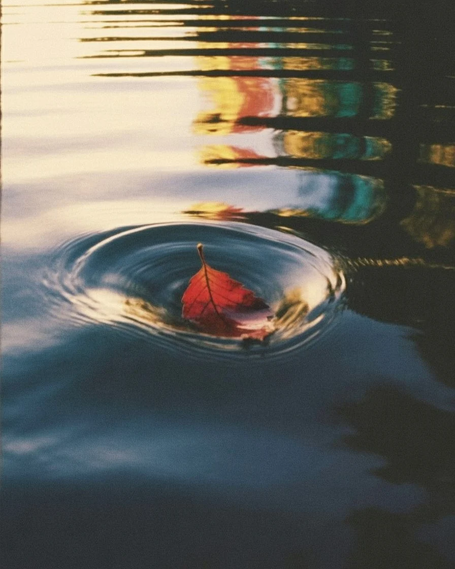 নদীর প্রবল স্রোতে ভেসে যাওয়া একটি উজ্জ্বল লাল পাতার ছবি, যা মানুষের নিয়ন্ত্রণহীন চিন্তা এবং মনের ভাসমান অবস্থার মনস্তাত্ত্বিক রূপককে ফুটিয়ে তোলে।