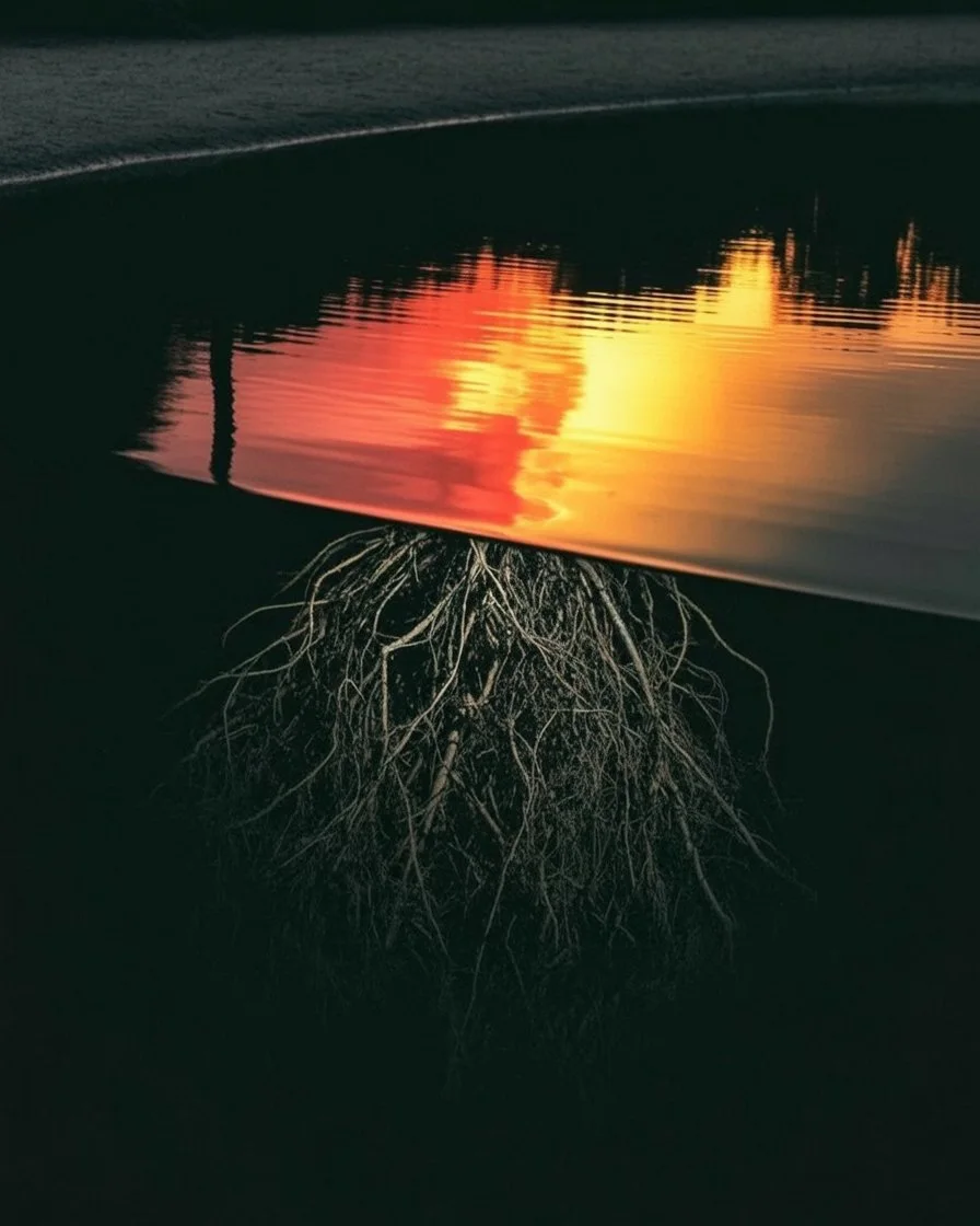 পুকুরের শান্ত জলের প্রতিফলনে সুন্দর সূর্যোদয় এবং জলের নিচে লুকিয়ে থাকা কাঁটাযুক্ত শেকড়ের দৃশ্য, যা বাইরে ভালো থাকার অভিনয় এবং ভেতরের যন্ত্রণার রূপককে তুলে ধরে।