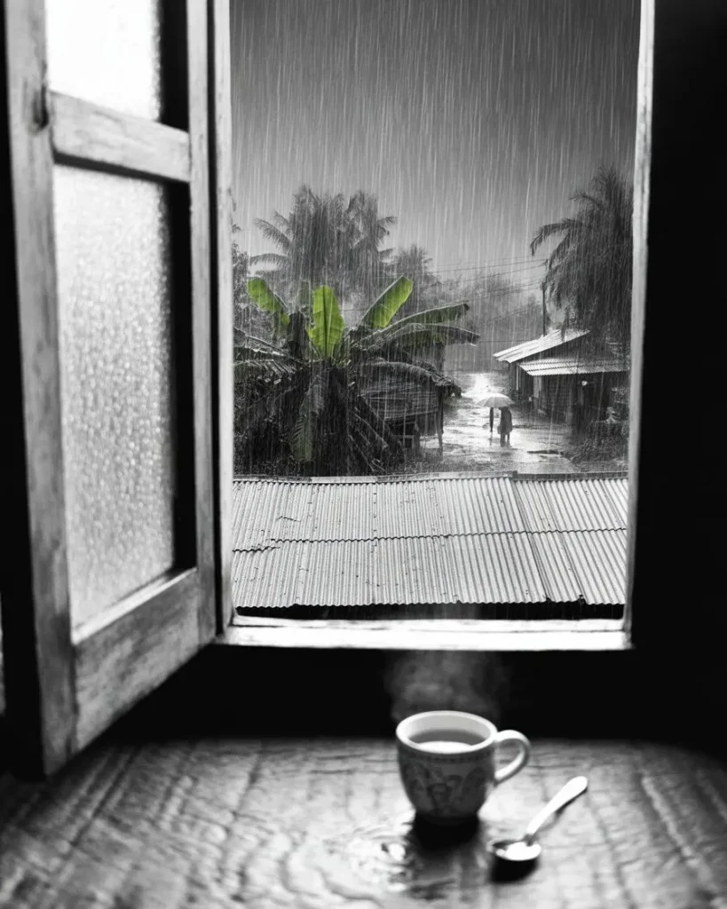 বাংলাদেশের বর্ষায় জানালার পাশে চায়ের কাপ এবং নীরবতার ভাষা নিয়ে বৃষ্টির দৃশ্য।