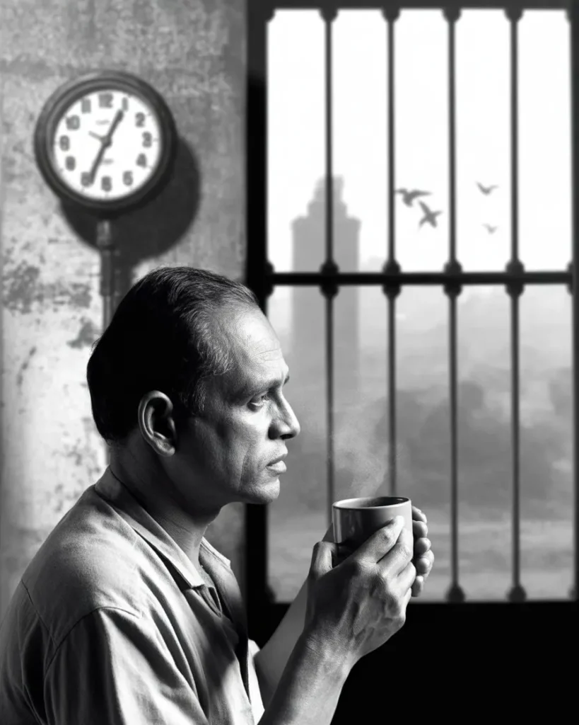 ভোরের আলোয় কফির কাপ হাতে ক্লান্ত এক মানুষ, যা আমাদের শরীরের ঘড়ি, শারীরিক ক্লান্তি ও প্রাকৃতিক চক্রের কথা মনে করিয়ে দেয়।