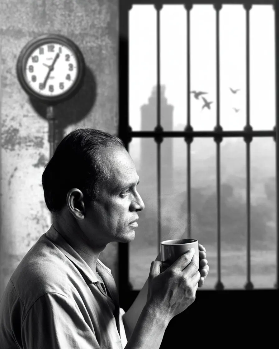 ভোরের আলোয় কফির কাপ হাতে ক্লান্ত এক মানুষ, যা আমাদের শরীরের ঘড়ি, শারীরিক ক্লান্তি ও প্রাকৃতিক চক্রের কথা মনে করিয়ে দেয়।