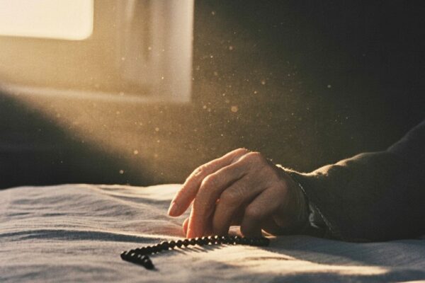 A cinematic close-up of an elderly hand illuminated by golden light, symbolizing the peaceful and melancholic final moments of life.