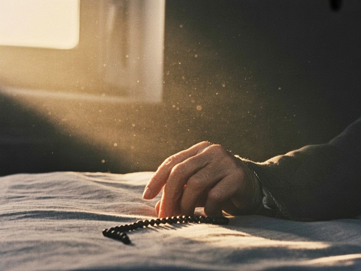 A cinematic close-up of an elderly hand illuminated by golden light, symbolizing the peaceful and melancholic final moments of life.