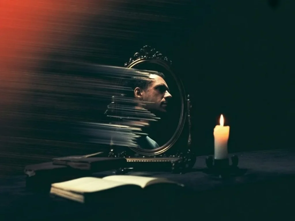 A man's dissolving reflection in a mirror symbolizing the fluid and illusory nature of the human self.