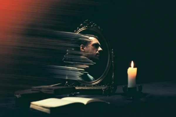 A man's dissolving reflection in a mirror symbolizing the fluid and illusory nature of the human self.