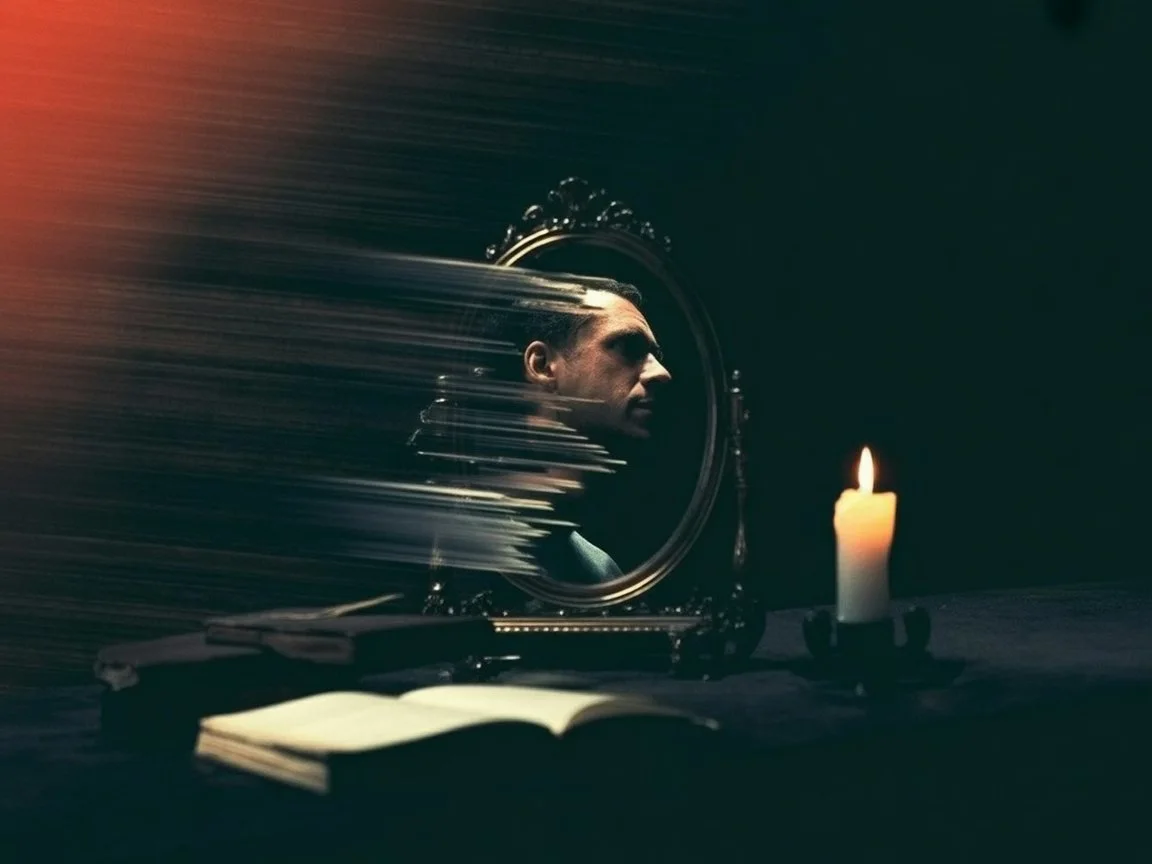 A man's dissolving reflection in a mirror symbolizing the fluid and illusory nature of the human self.