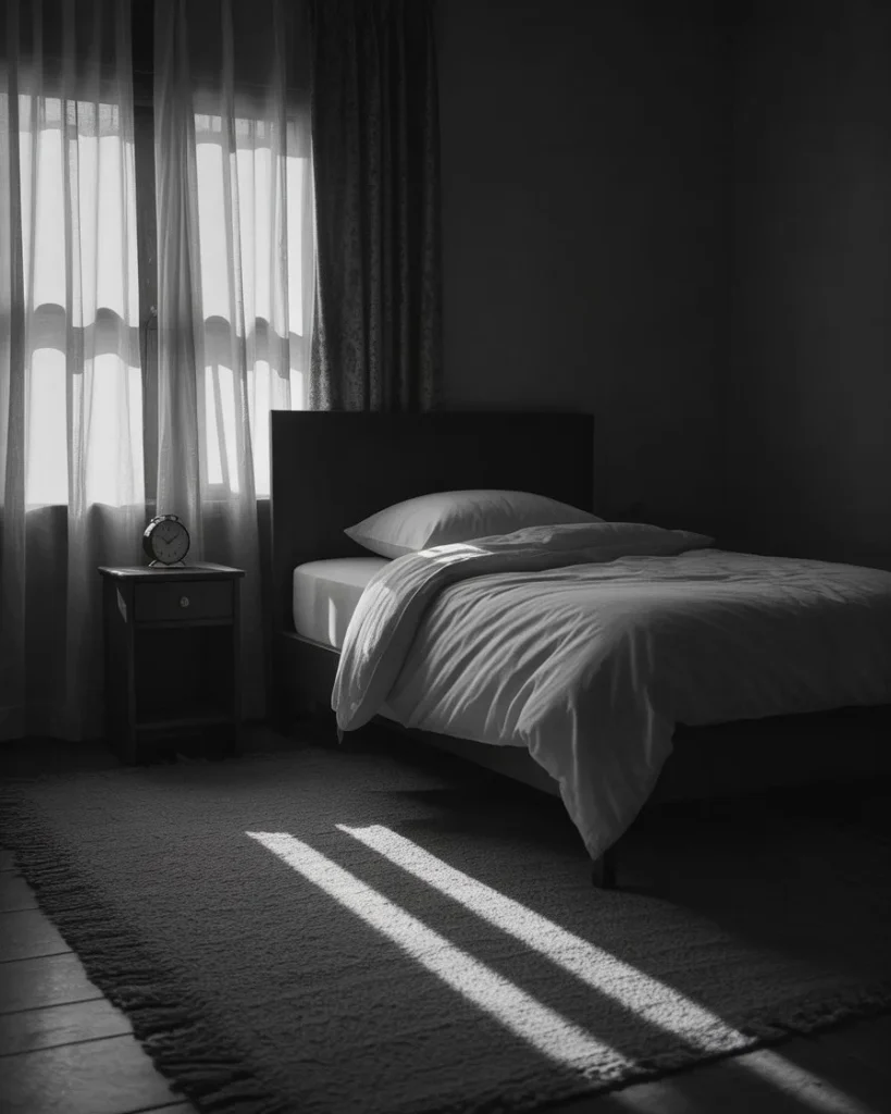 অন্ধকার ঘরে খালি বিছানা ও জানালার ফাঁক দিয়ে আসা ভোরের আলো — জীবনের ক্লান্তি ও একঘেয়েমির নীরব প্রতীক