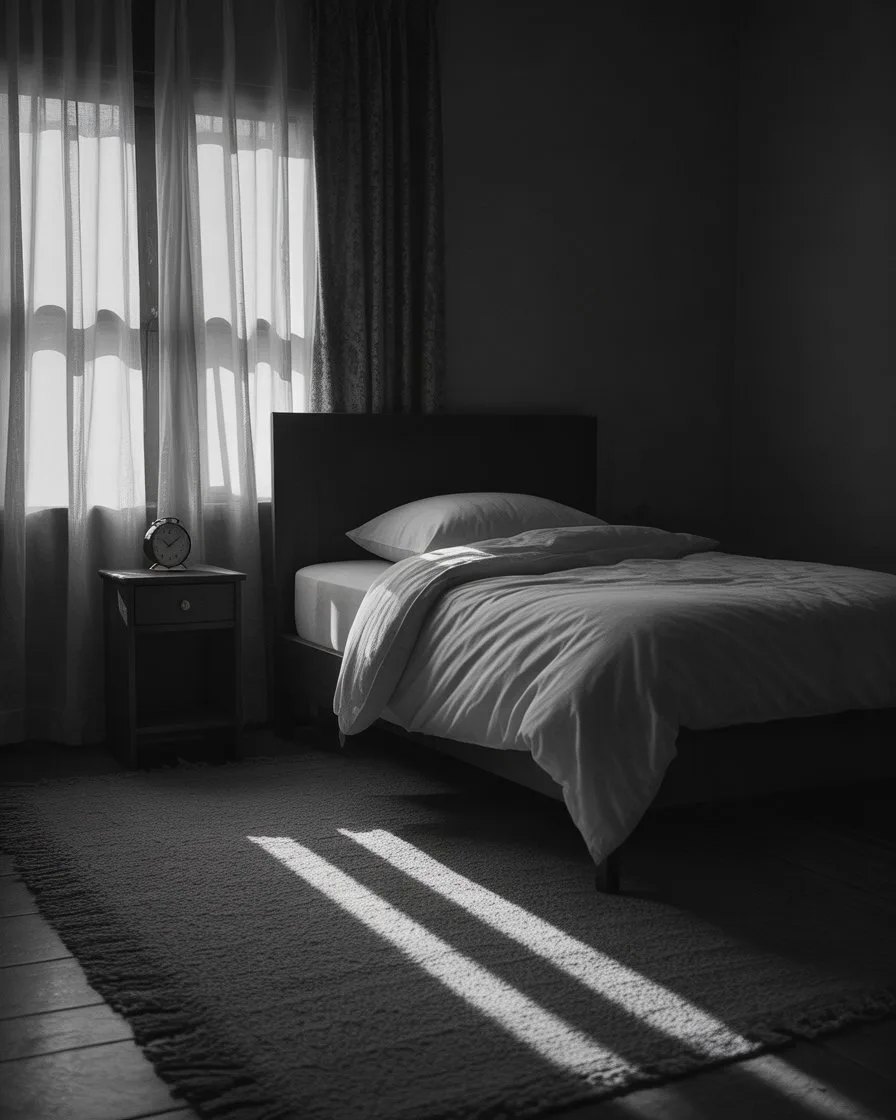 অন্ধকার ঘরে খালি বিছানা ও জানালার ফাঁক দিয়ে আসা ভোরের আলো — জীবনের ক্লান্তি ও একঘেয়েমির নীরব প্রতীক