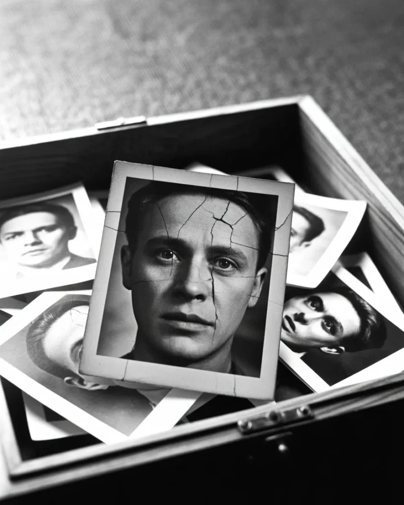 পুরনো সাদাকালো ছবি একটি ধুলোমাখা বাক্সে পড়ে আছে — স্মৃতি ও পরিচয়ের নশ্বরতার প্রতীক