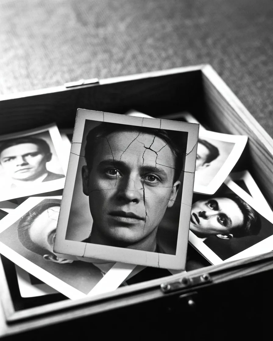 পুরনো সাদাকালো ছবি একটি ধুলোমাখা বাক্সে পড়ে আছে — স্মৃতি ও পরিচয়ের নশ্বরতার প্রতীক