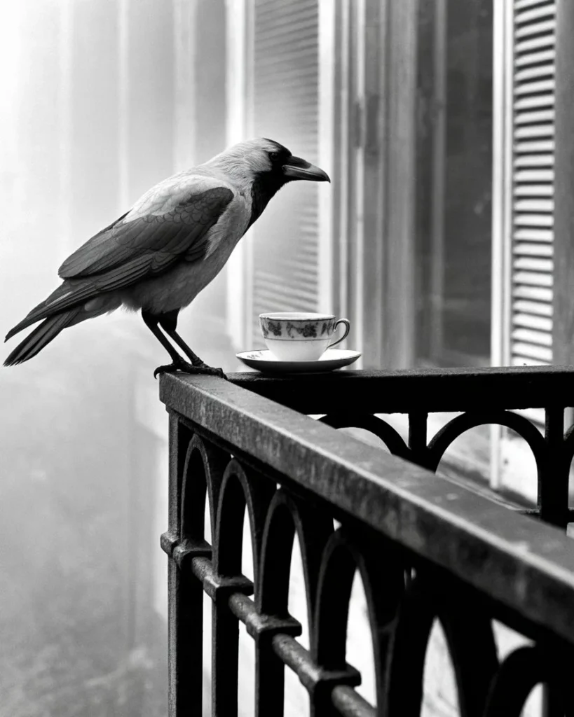 ভোরের কুয়াশায় রেলিংয়ে বসা একটা কাক, পাশে খালি চায়ের কাপ — একাকীত্ব আর নিজের থেকে পালানোর প্রতীকী ছবি
