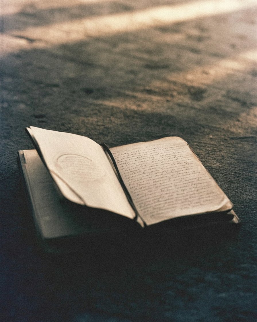 ধুলোমাখা মেঝেতে পুরনো খোলা ডায়েরি ও ভোরের আলো — স্মৃতির ভার ও মুক্তির প্রতীক