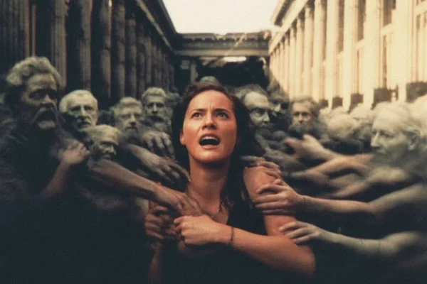 A cinematic image of a person fiercely fighting against ghostly hands of ancestors, symbolizing the struggle to break free from inherited choices and find true personal freedom.