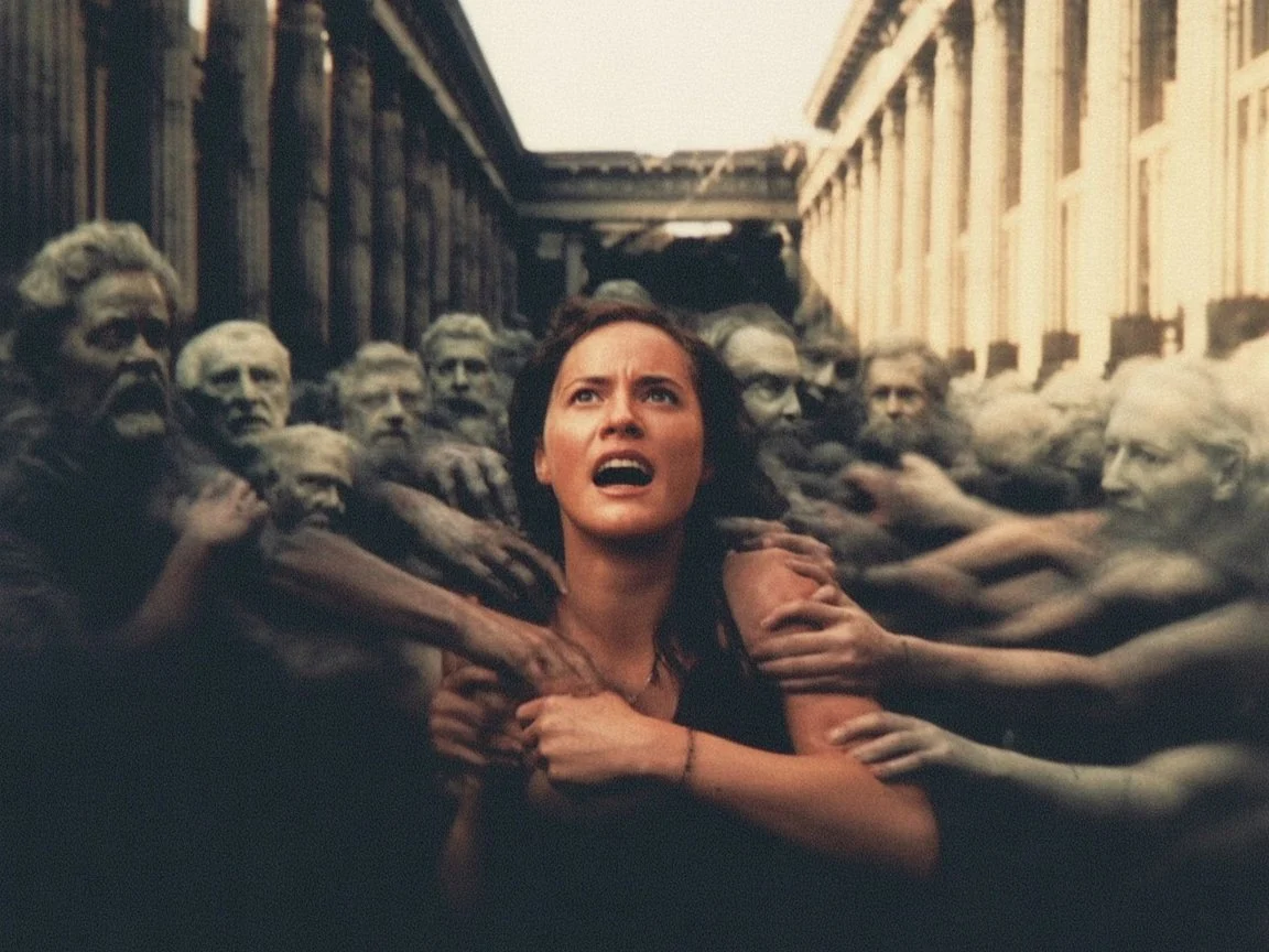 A cinematic image of a person fiercely fighting against ghostly hands of ancestors, symbolizing the struggle to break free from inherited choices and find true personal freedom.