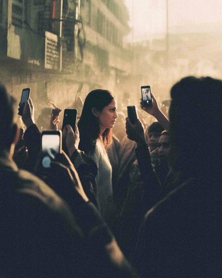 ঢাকা শহরের এক ভিড়ভাট্টা রাস্তায় মানুষজন এক নারীর প্রতি বিচার ছুঁড়ে দিচ্ছে — কেউ ভিডিও করছে, কেউ তাকিয়ে আছে। কারও মুখ স্পষ্ট নয়, সবার চোখে একই অন্ধকার। ছবিটি প্রতীক — এক সমাজের, যেখানে সবাই মুখোশ পরে বেঁচে থাকে, আর কেউই সম্পূর্ণ নিষ্পাপ নয়।