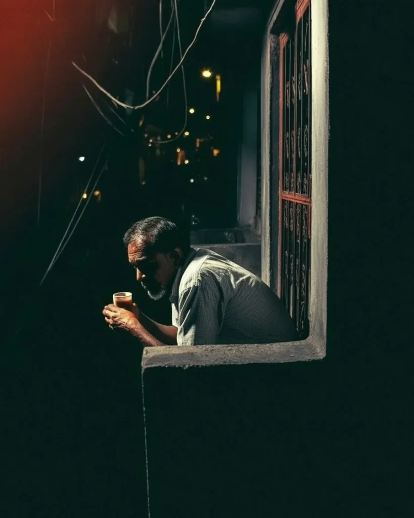 ঢাকার এক সাধারণ বারান্দায় গোধূলি বেলায় বসে থাকা এক ক্লান্ত মধ্যবিত্ত মানুষের বাস্তব আলোকচিত্র, যা আমাদের প্রাত্যহিক মধ্যবিত্ত জীবনের গল্প, জীবনের বাস্তবতা এবং নীরব সংগ্রামকে ফুটিয়ে তোলে।