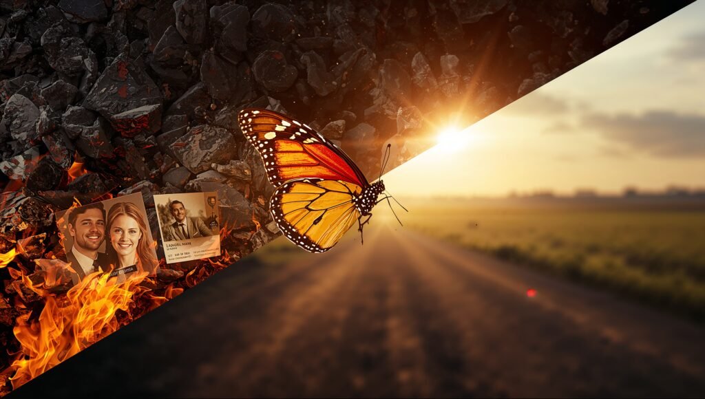 A symbolic image of rebirth: a Phoenix butterfly emerges from the ashes of a burnt photograph and flies toward a bright sunrise over a new landscape.