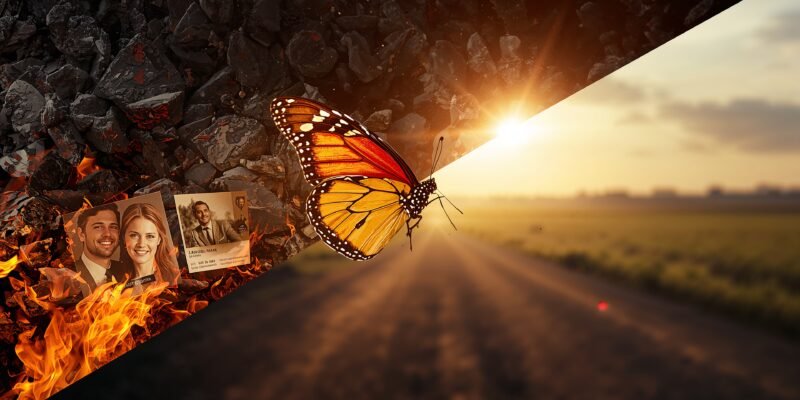 A symbolic image of rebirth: a Phoenix butterfly emerges from the ashes of a burnt photograph and flies toward a bright sunrise over a new landscape.