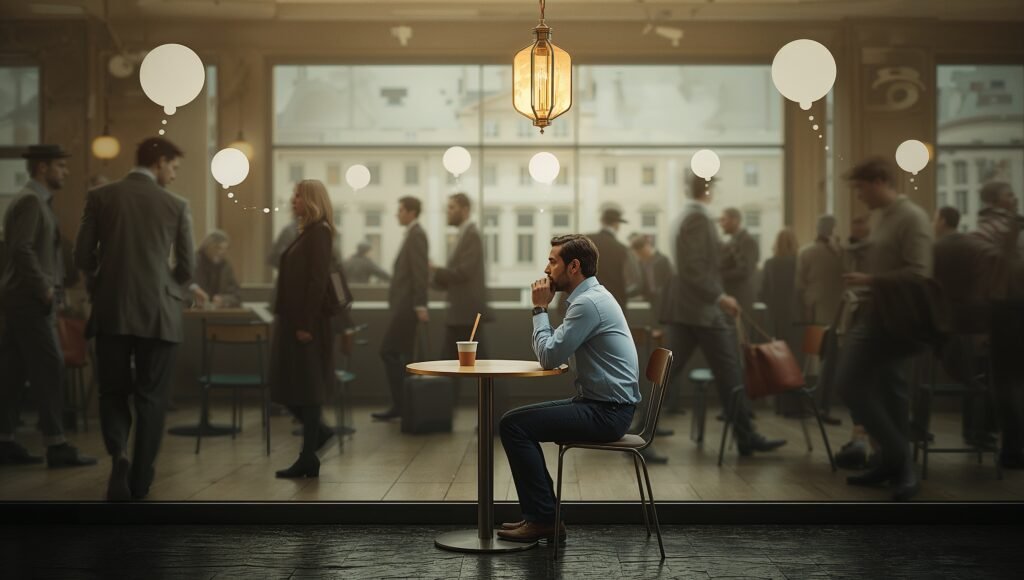 Illustration showing a coffee shop customer as protagonist in his own story but an extra in others’ lives, highlighting existential perspective and background character significance.