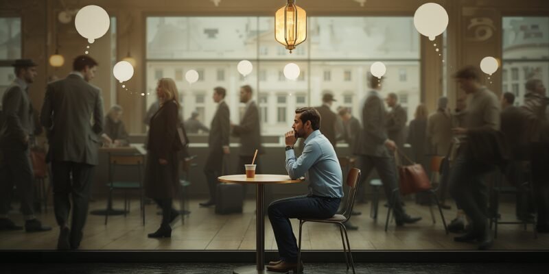 Illustration showing a coffee shop customer as protagonist in his own story but an extra in others’ lives, highlighting existential perspective and background character significance.