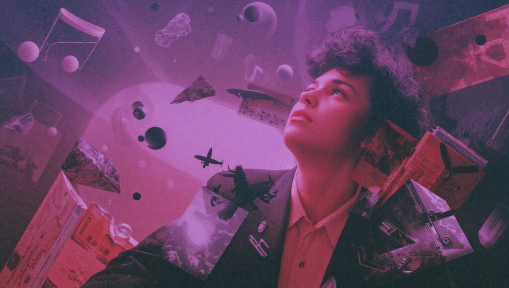 Illustration of a person contemplating unfulfilled potential, with floating symbols of music, writing, and art, representing the infinite possibilities of life and unrealized dreams.