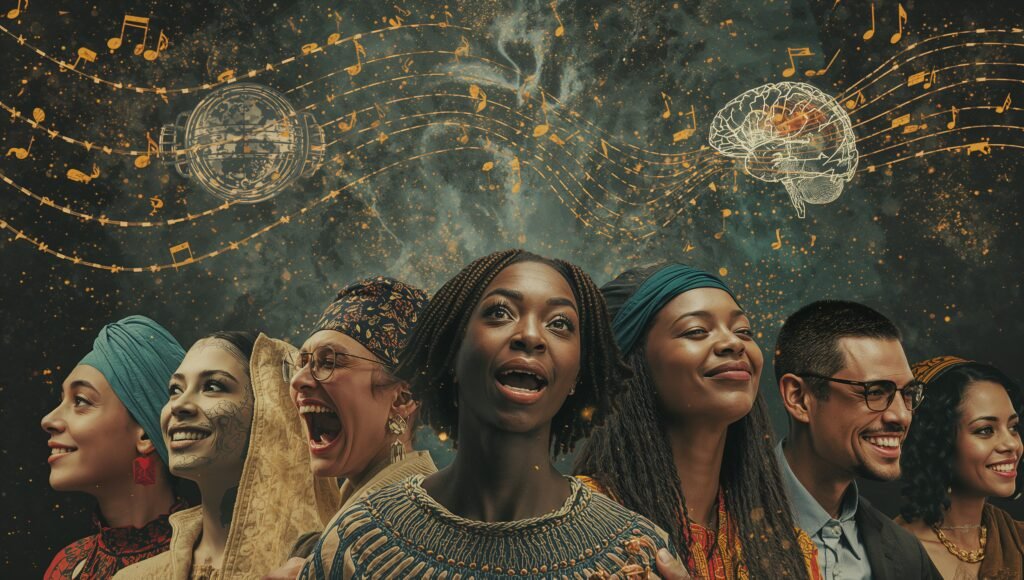 llustration of people from different cultures emotionally reacting to music, symbolizing how music transcends language and connects human emotions universally.