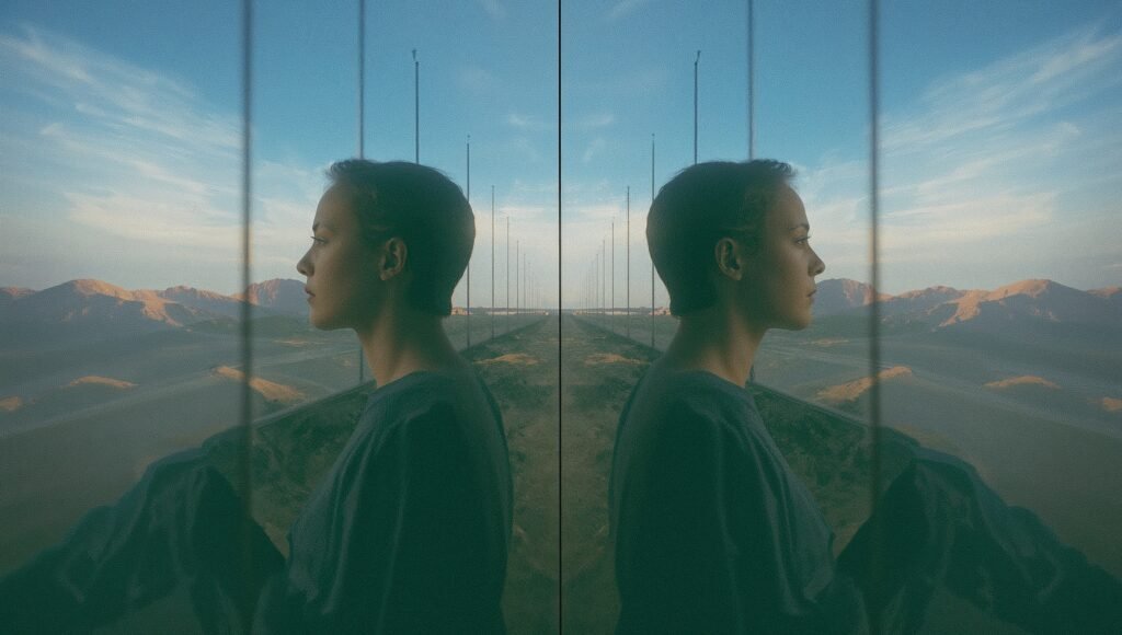 Illustration of a person encountering their identical doppelganger, symbolizing questions of identity, uniqueness, and alternate life paths.