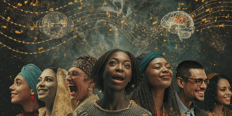llustration of people from different cultures emotionally reacting to music, symbolizing how music transcends language and connects human emotions universally.