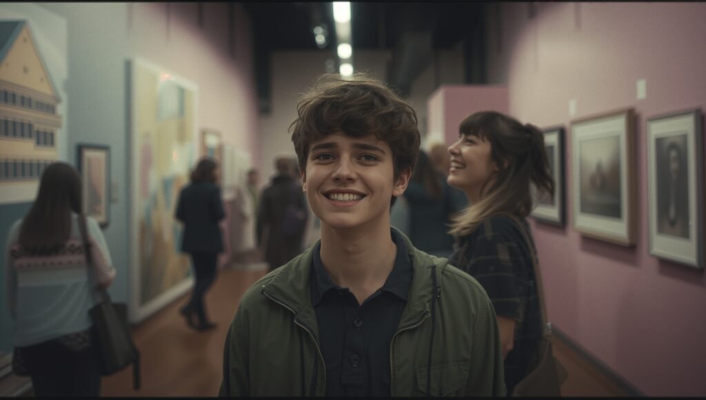 Illustration of a person at an art gallery pretending to understand modern art, symbolizing social performance, pressure to appear 'cool,' and the importance of authenticity.