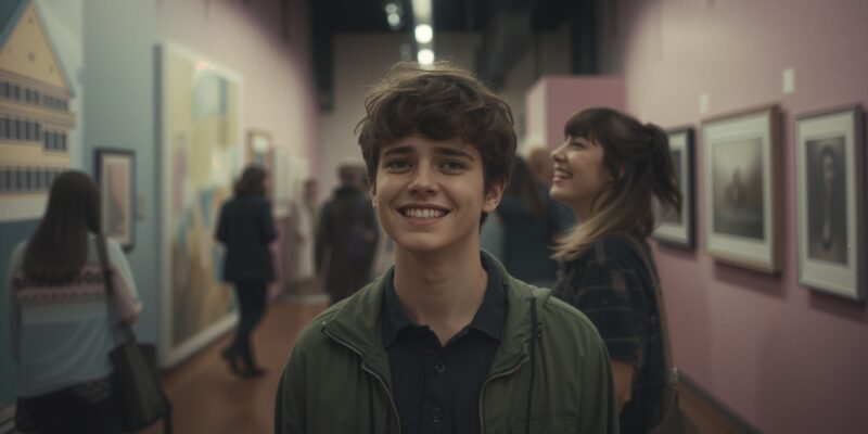 Illustration of a person at an art gallery pretending to understand modern art, symbolizing social performance, pressure to appear 'cool,' and the importance of authenticity.
