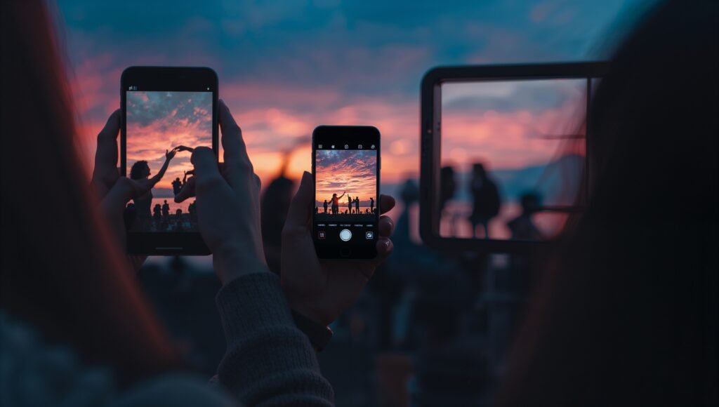 Illustration of people observing sunsets, concerts, and family moments through smartphone screens, showing the disconnect between digital documentation and authentic real-life experiences.