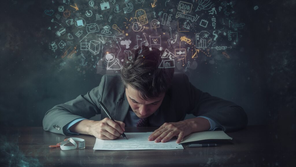 Illustration of a person with clear thoughts struggling to translate them into handwriting, symbolizing the gap between internal clarity and external self-expression."