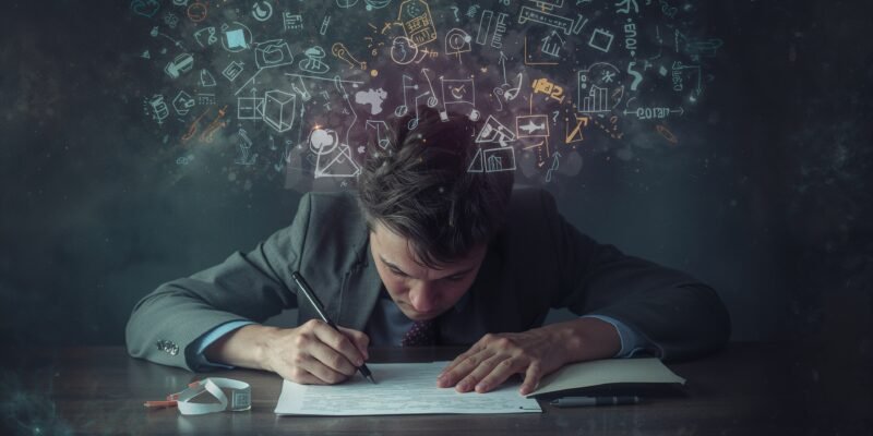 Illustration of a person with clear thoughts struggling to translate them into handwriting, symbolizing the gap between internal clarity and external self-expression."