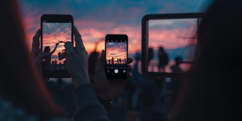 Illustration of people observing sunsets, concerts, and family moments through smartphone screens, showing the disconnect between digital documentation and authentic real-life experiences.