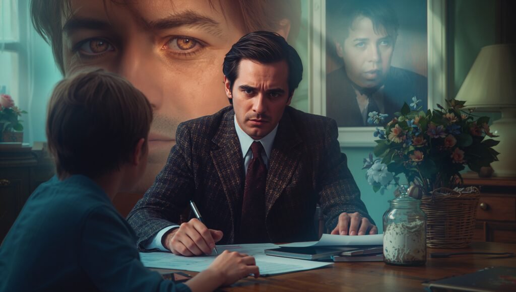 Illustration of a young adult observing their father struggling with paperwork, highlighting the realization that parents are fallible and human, not omniscient