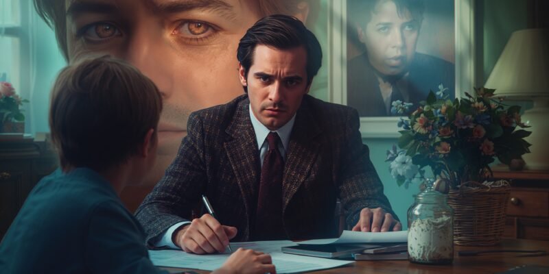 Illustration of a young adult observing their father struggling with paperwork, highlighting the realization that parents are fallible and human, not omniscient