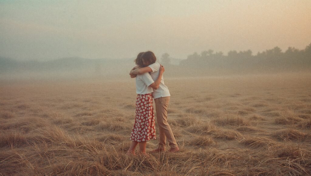 Illustration of two people in a relationship, one showing gentle attachment while the other represents freedom, symbolizing the difference between attachment and unconditional love.