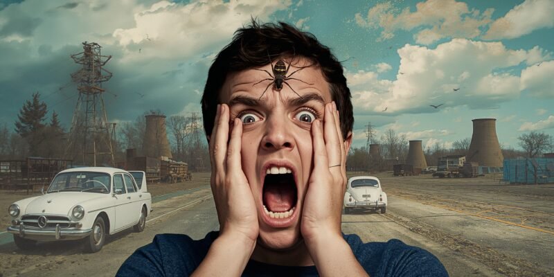 Illustration of a person fearing a spider while modern dangers like cars and pollution loom unnoticed, representing evolutionary fear versus modern risk.