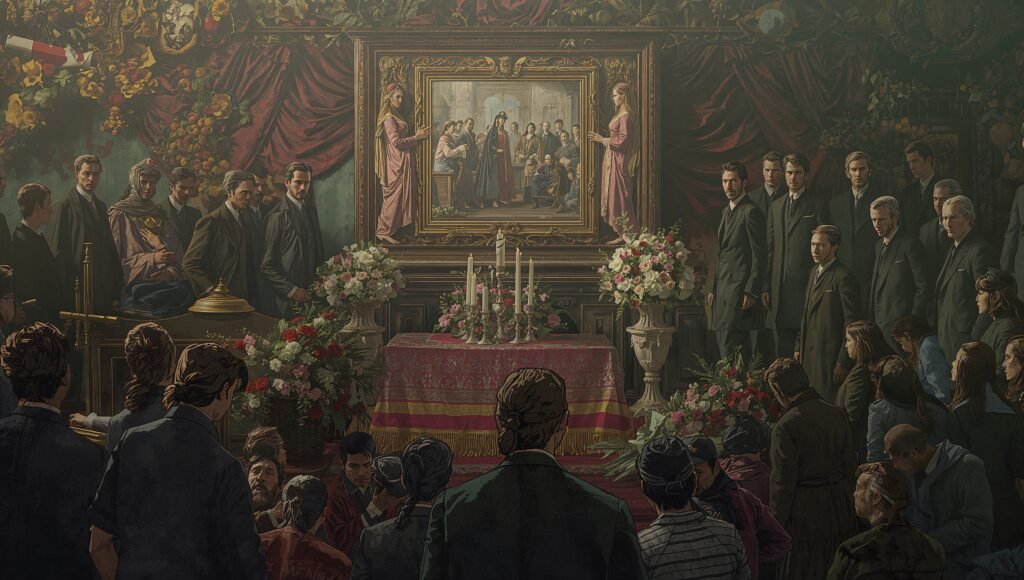 Illustration of a lavish funeral coffin with mourners while hungry people are ignored nearby, symbolizing society’s preference for spending on the dead over helping the living.