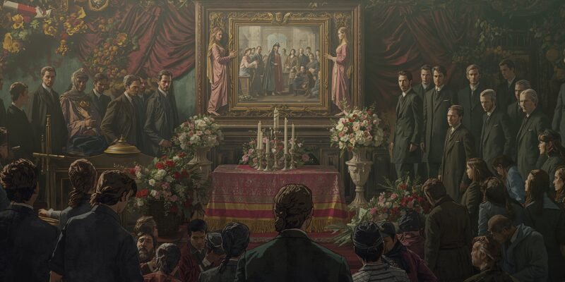 Illustration of a lavish funeral coffin with mourners while hungry people are ignored nearby, symbolizing society’s preference for spending on the dead over helping the living.