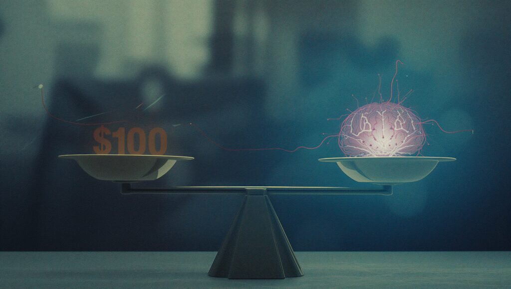 Illustration of a person comparing $100 loss and gain, symbolizing loss aversion, evolutionary brain bias, and risk-averse behavior in decision-making.