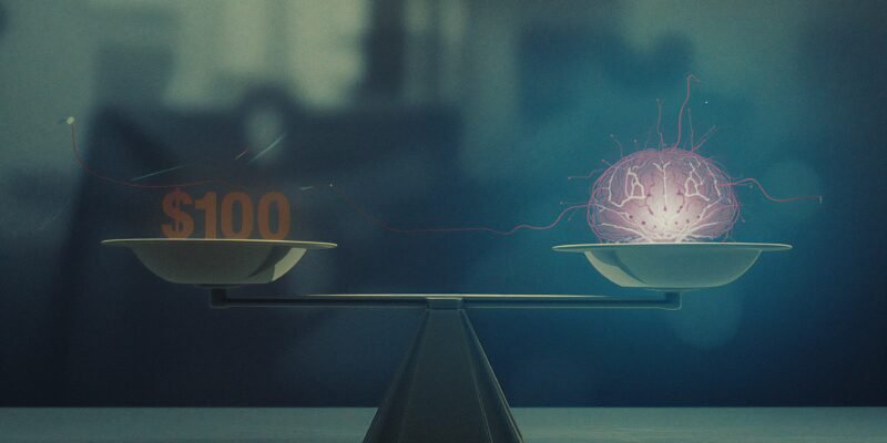 Illustration of a person comparing $100 loss and gain, symbolizing loss aversion, evolutionary brain bias, and risk-averse behavior in decision-making.