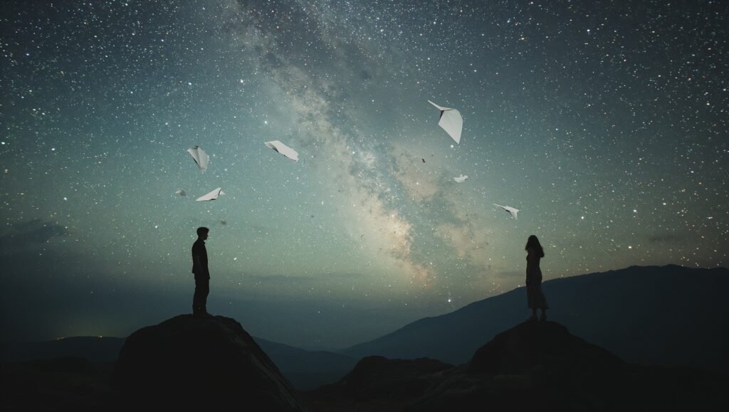 Illustration of distant soulmates connected across continents, highlighting the concept of global soulmate probability and incomplete emotional resonance.